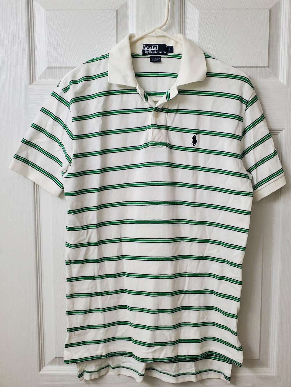 Polo By Ralph Lauren Men's White Polo Shirt With Green And Navy Stripes Sz S